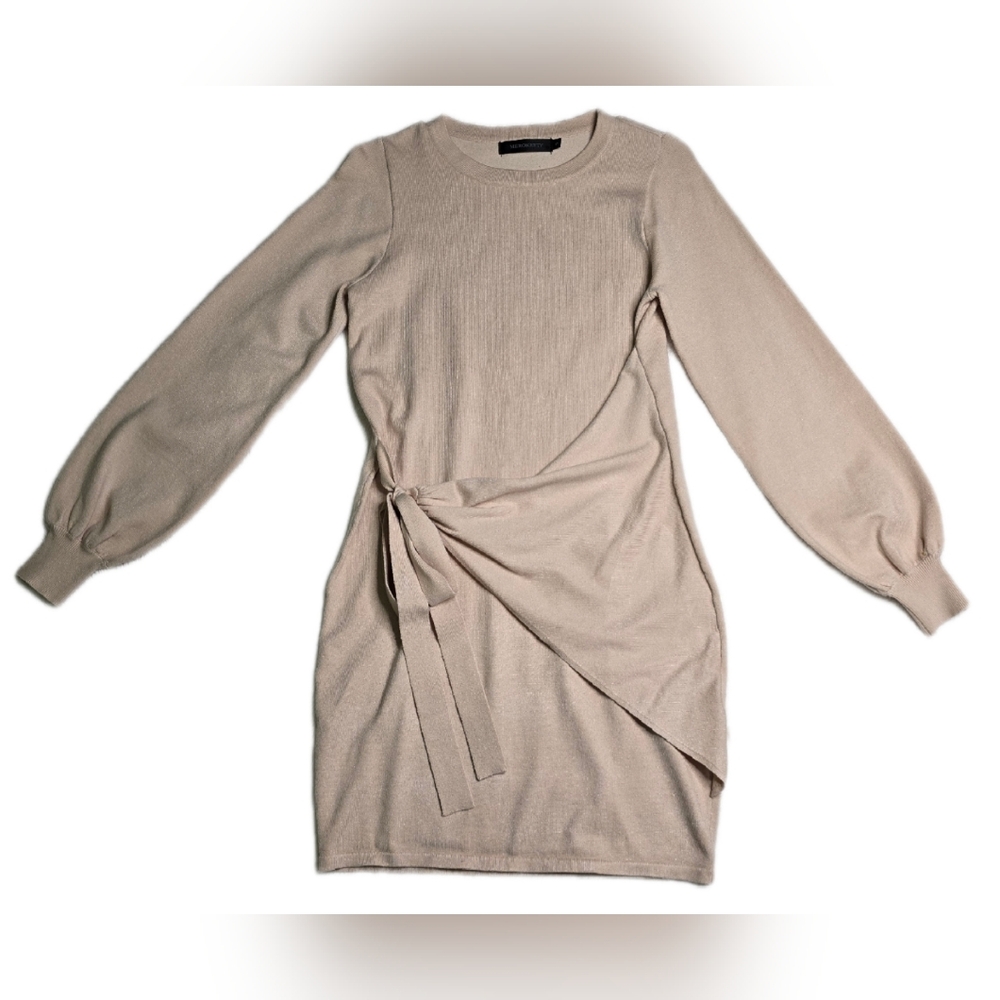 Chic Long Sleeve Beige Dress, Small